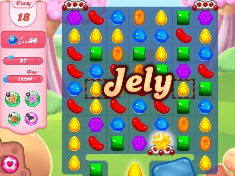 Candy Crush Jelly Saga gameplay screenshot showing colorful candies and jelly