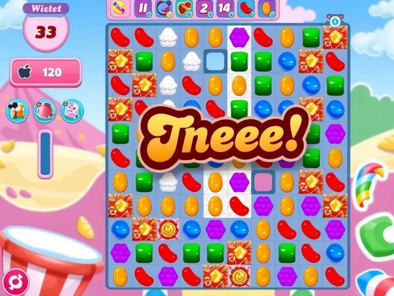 Candy Crush Saga vibrant gameplay screen showing multi-colored candies and special candies