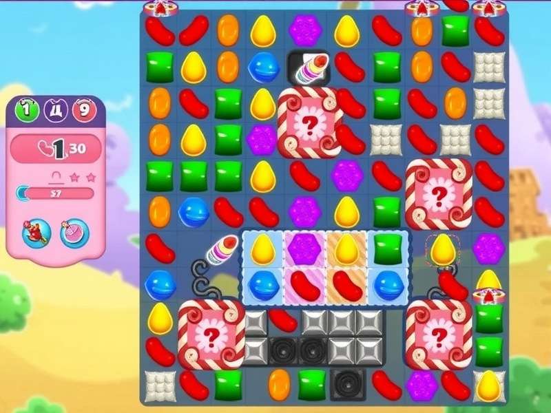 Colorful candy and sweets arranged in a pattern reminiscent of Candy Crush Saga