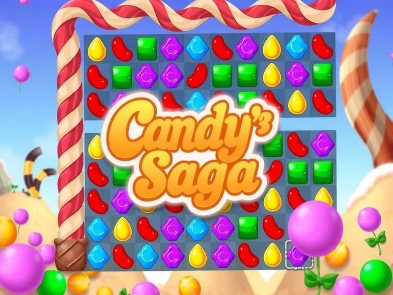 Vibrant screenshot of Candy Saga game on a mobile phone showing colorful candies and power-ups