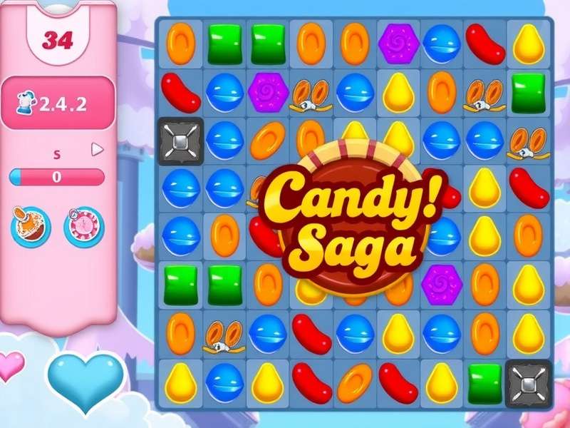 Candy Saga Game Online gameplay screenshot showing colourful candies and power-ups on a vibrant board